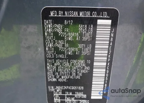 2012 Nissan Quest Sv z USA, uszkodzony, nr VIN JN8AE2KPXC9051828